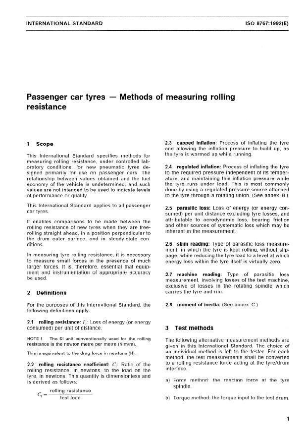 ISO 8767:1992 - Passenger car tyres -- Methods of measuring rolling resistance