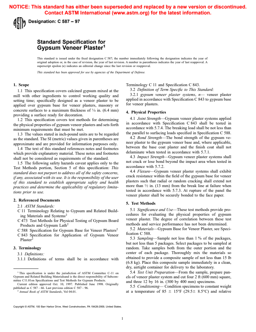 ASTM C587-97 - Standard Specification for Gypsum Veneer Plaster