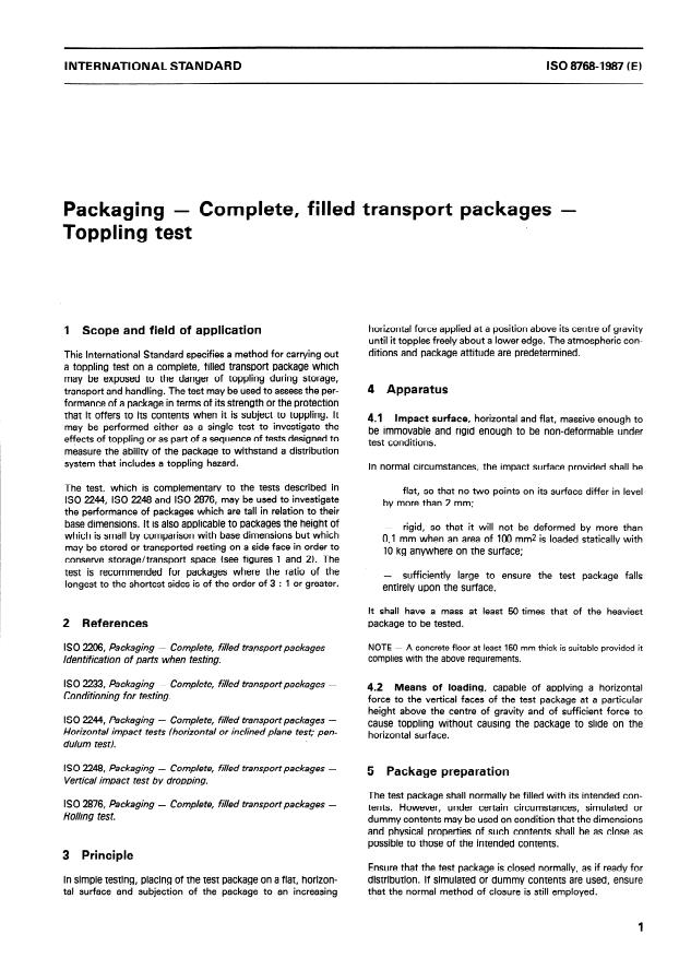 ISO 8768:1987 - Packaging -- Complete, filled transport packages -- Toppling test