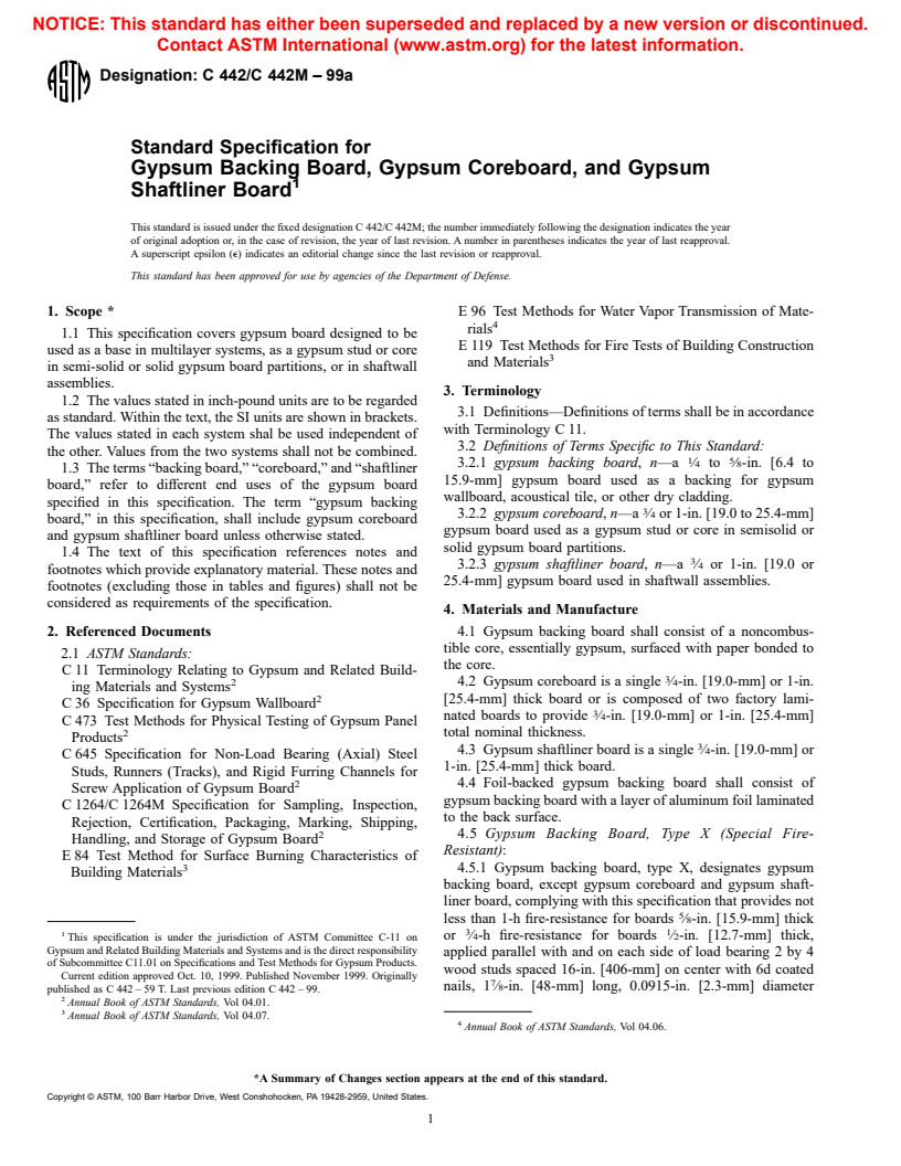 ASTM C442/C442M-99a - Standard Specification for Gypsum Backing Board, Gypsum Coreboard, and Gypsum Shaftliner Board