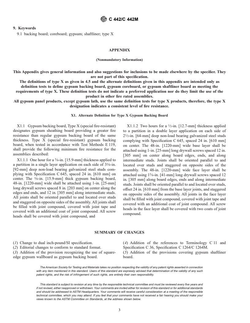 ASTM C442/C442M-99a - Standard Specification for Gypsum Backing Board, Gypsum Coreboard, and Gypsum Shaftliner Board