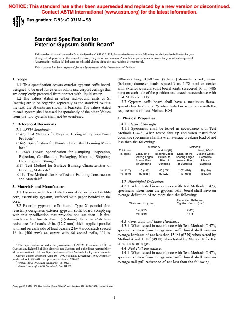 ASTM C931/C931M-98 - Standard Specification for Exterior Gypsum Soffit Board
