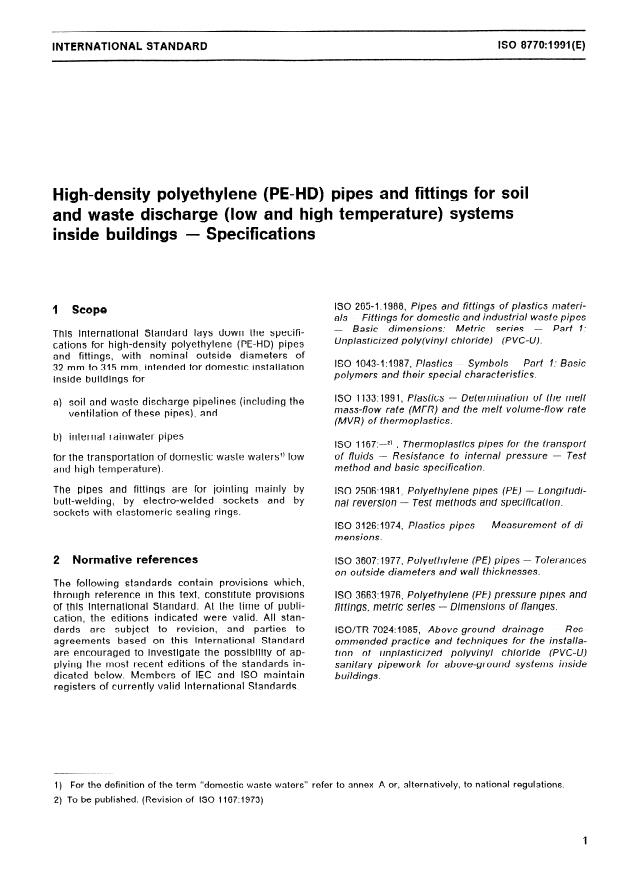 ISO 8770:1991 - High-density polyethylene (PE-HD) pipes and fittings for soil and waste discharge (low and high temperature) systems inside buildings -- Specifications