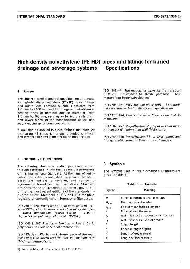 ISO 8772:1991 - High-density polyethylene (PE-HD) pipes and fittings for buried drainage and sewerage systems -- Specifications