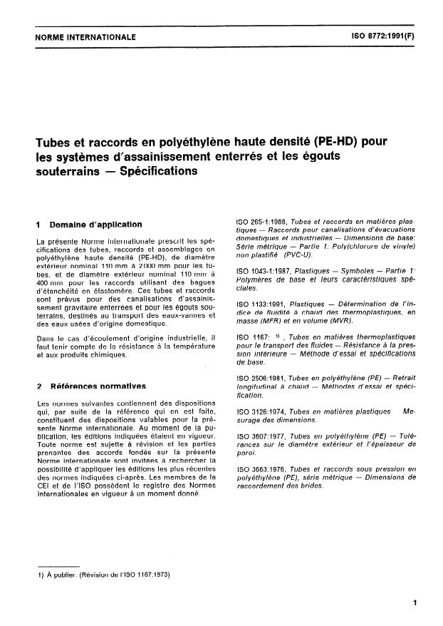 ISO 8772:1991 - Tubes et raccords en polyéthylene haute densité (PE-HD) pour les systemes d'assainissement enterrés et les égouts souterrains -- Spécifications