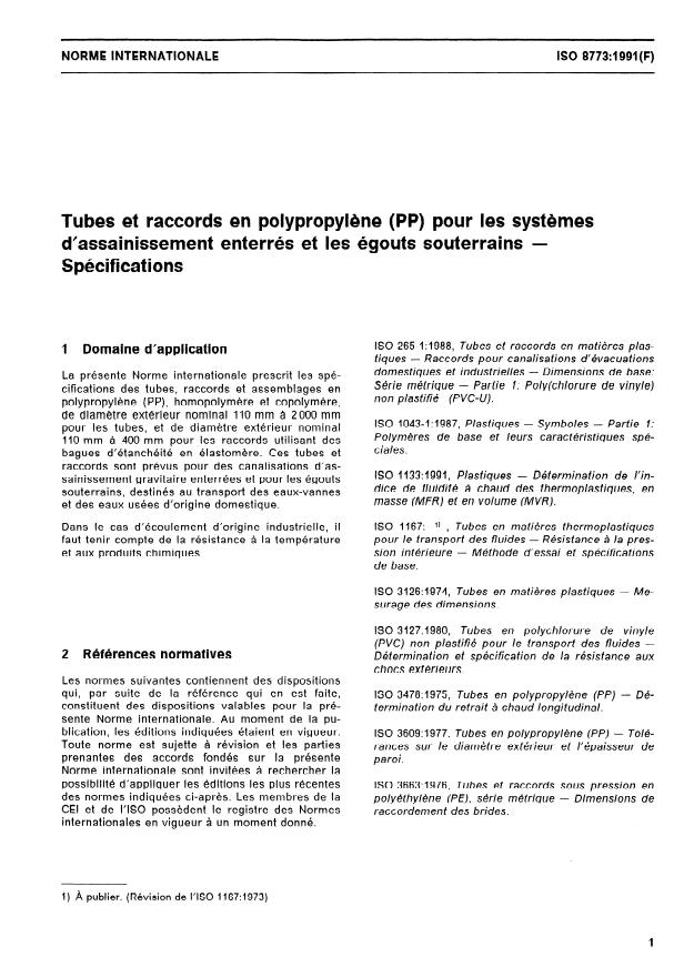 ISO 8773:1991 - Tubes et raccords en polypropylene (PP) pour les systemes d'assainissement enterrés et les égouts souterrains -- Spécifications