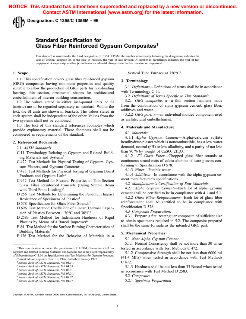 ASTM C1355/C1355M-96 - Standard Specification for Glass Fiber Reinforced Gypsum Composites