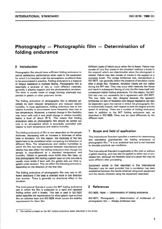 ISO 8776:1988 - Photography -- Photographic film -- Determination of folding endurance