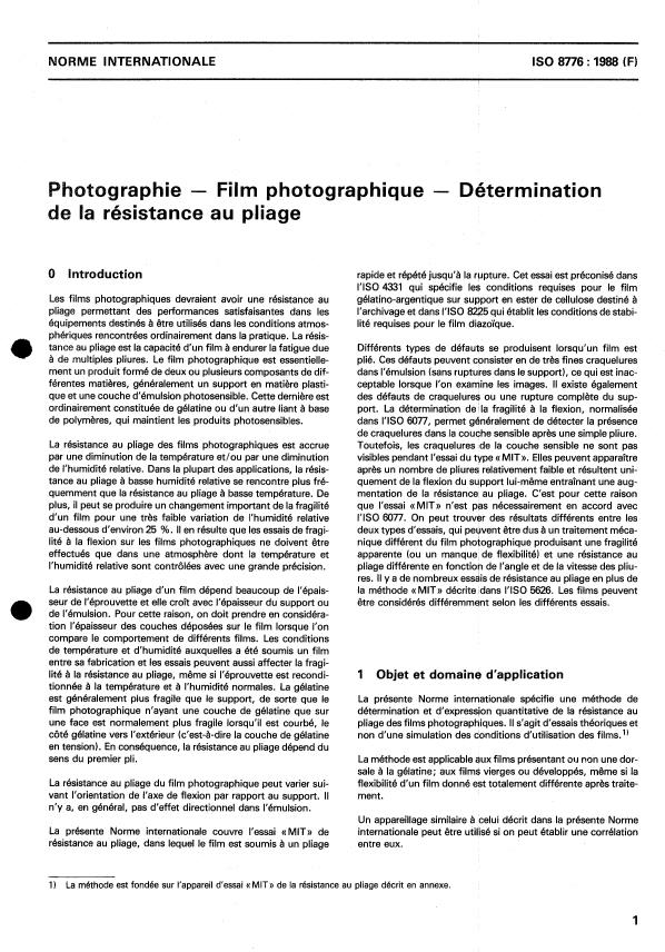 ISO 8776:1988 - Photographie -- Film photographique -- Détermination de la résistance au pliage