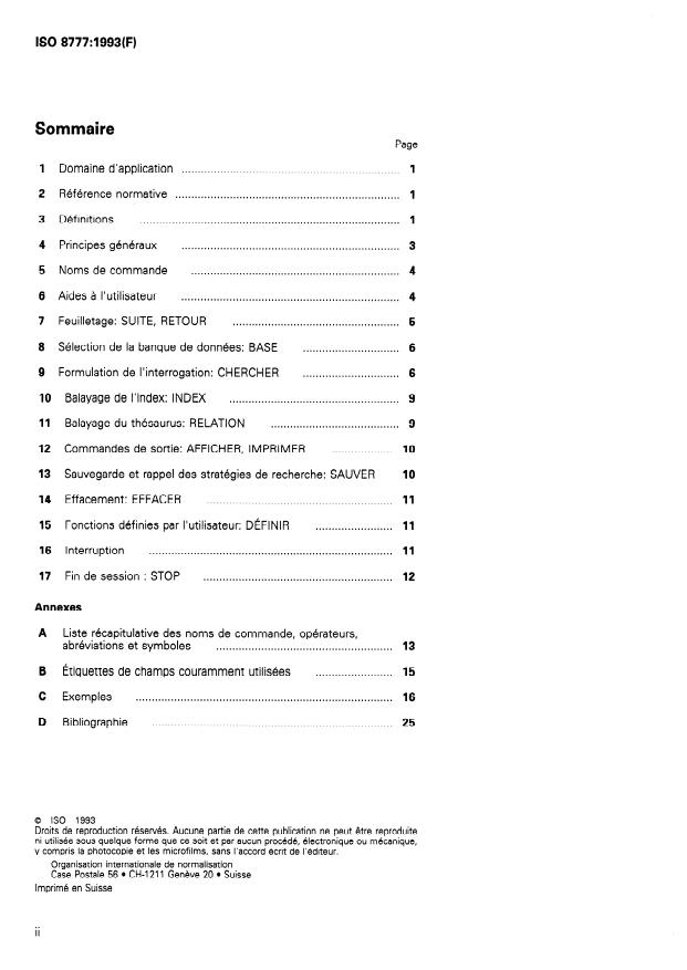 ISO 8777:1993 ISO 8777:1993 - Information et documentation -- Commandes pour les systemes interactifs de recherche d'information - Page 2 preview