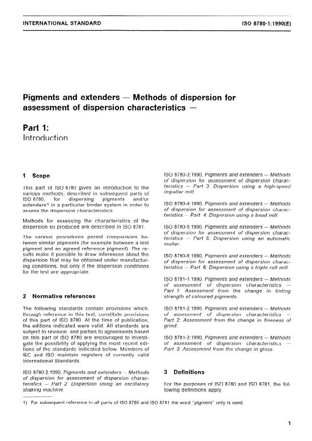 ISO 8780-1:1990 - Pigments and extenders -- Methods of dispersion for assessment of dispersion characteristics