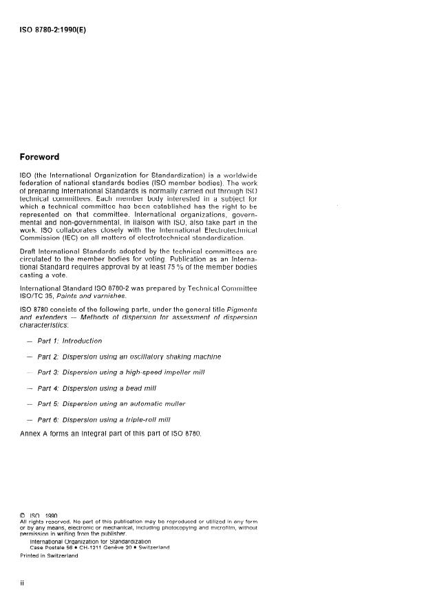 ISO 8780-2:1990 ISO 8780-2:1990 - Pigments and extenders -- Methods of dispersion for assessment of dispersion characteristics - Page 2 preview