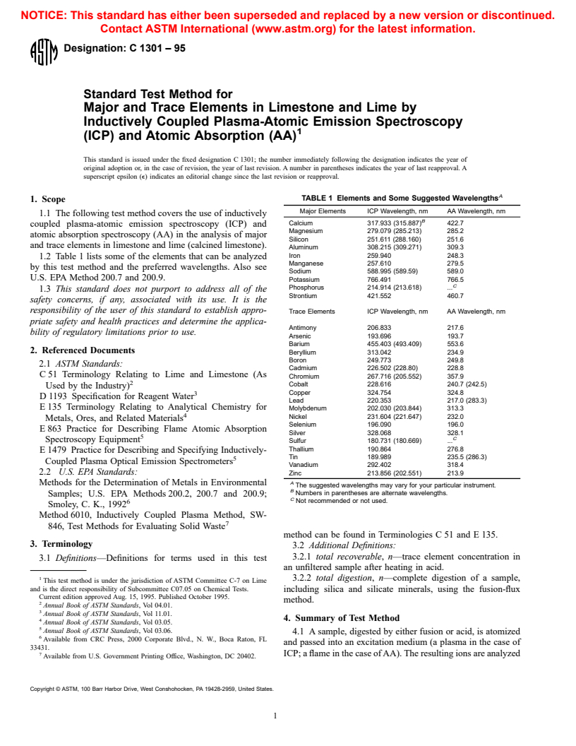 ASTM C1301-95 - Standard Test Method for Major and Trace Elements in Limestone and Lime by Inductively Coupled Plasma-Atomic Emission Spectroscopy (ICP) and Atomic Absorption (AA)