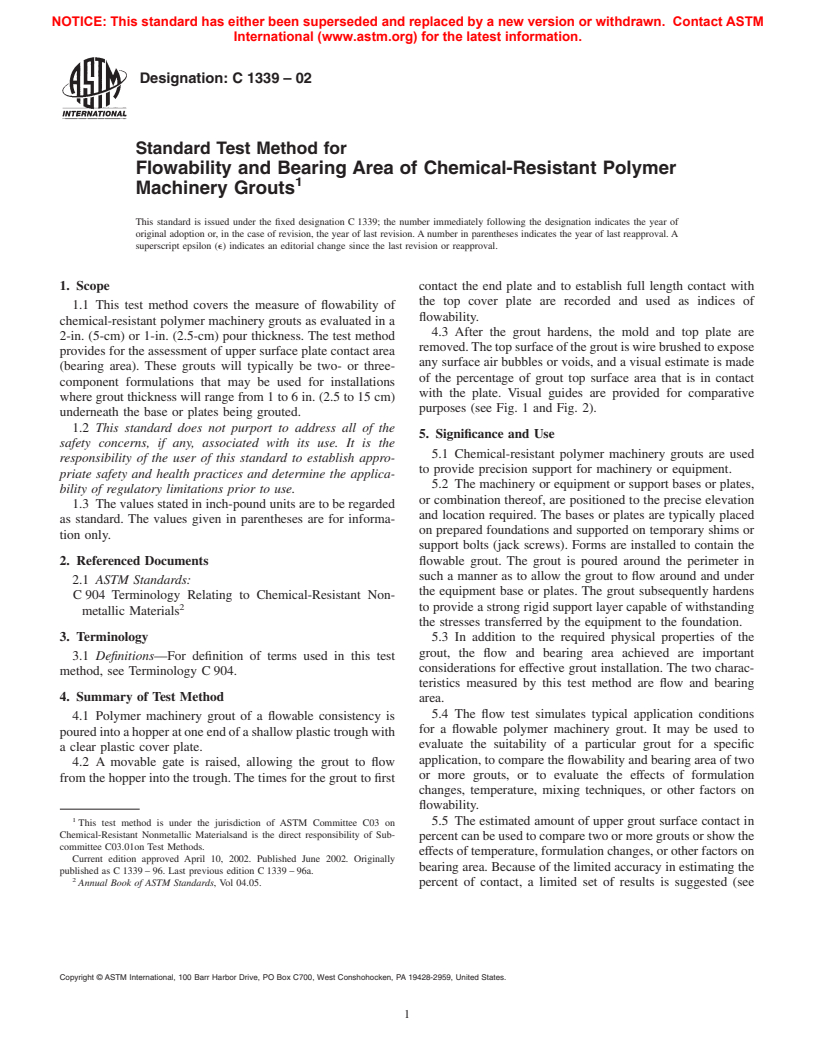 ASTM C1339-02 - Standard Test Method for Flowability and Bearing Area of Chemical-Resistant Polymer Machinery Grouts