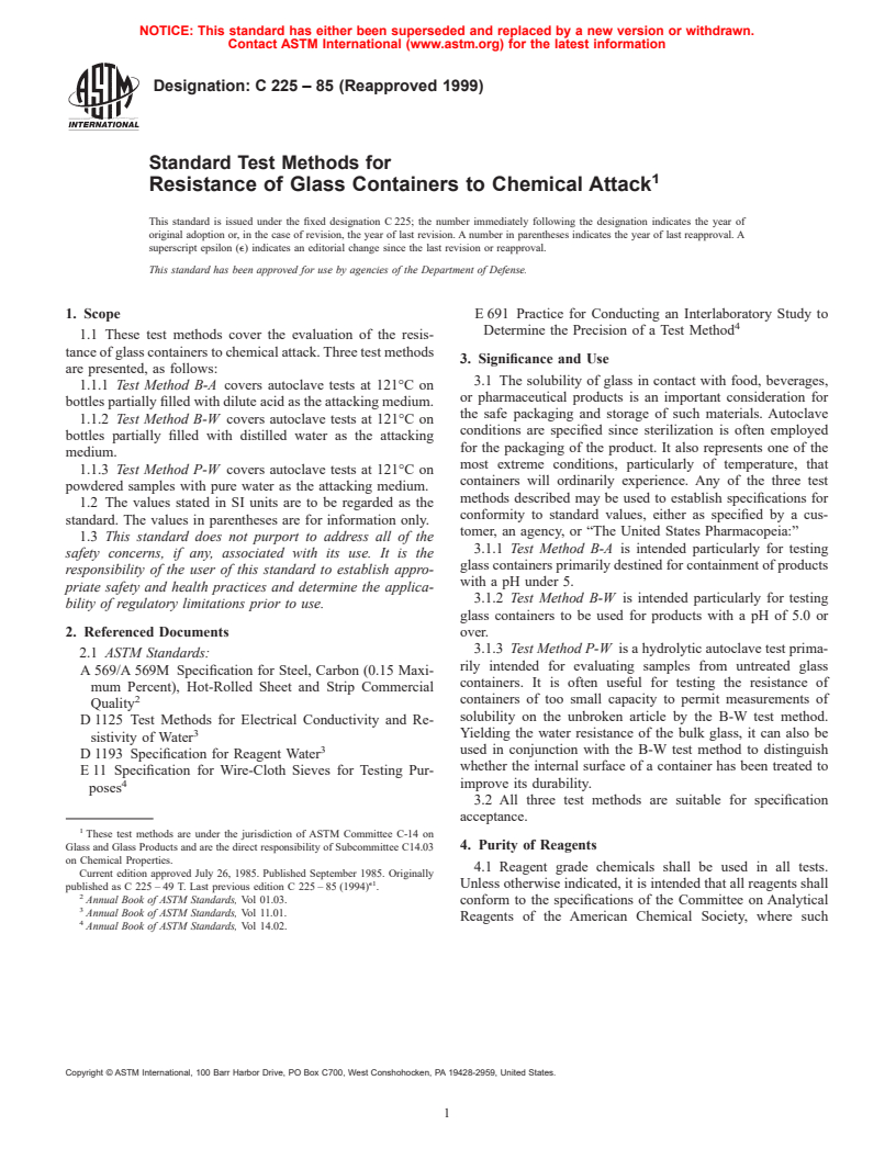 ASTM C225-85(1999) - Standard Test Methods for Resistance of Glass Containers to Chemical Attack