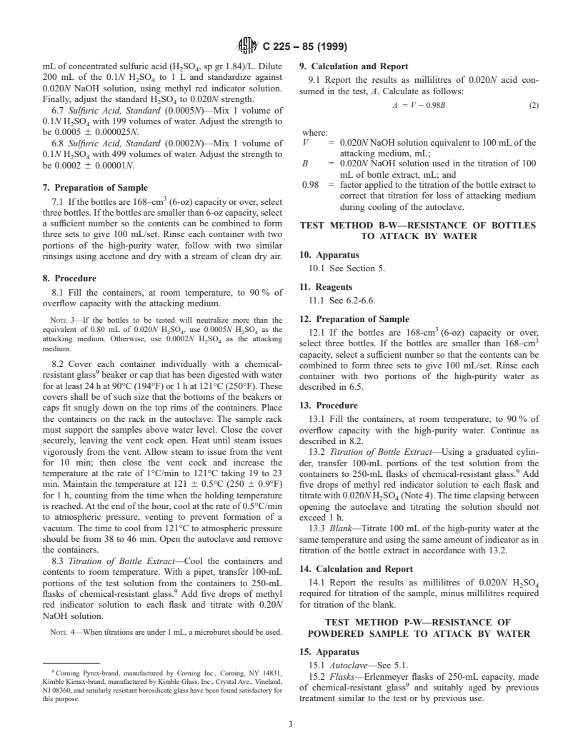 ASTM C225-85(1999) - Standard Test Methods for Resistance of Glass Containers to Chemical Attack