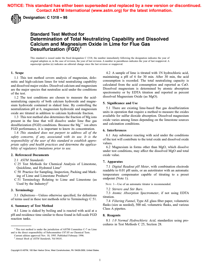 ASTM C1318-95 - Standard Test Method for Determination of Total Neutralizing Capability and Dissolved Calcium and Magnesium Oxide in Lime for Flue Gas Desulfurization (FGD)