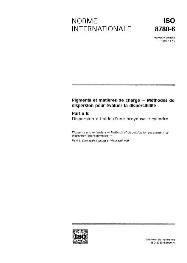ISO 8780-6:1990 ISO 8780-6:1990 - Pigments et matieres de charge -- Méthodes de dispersion pour évaluer la dispersibilité - Page 1 preview