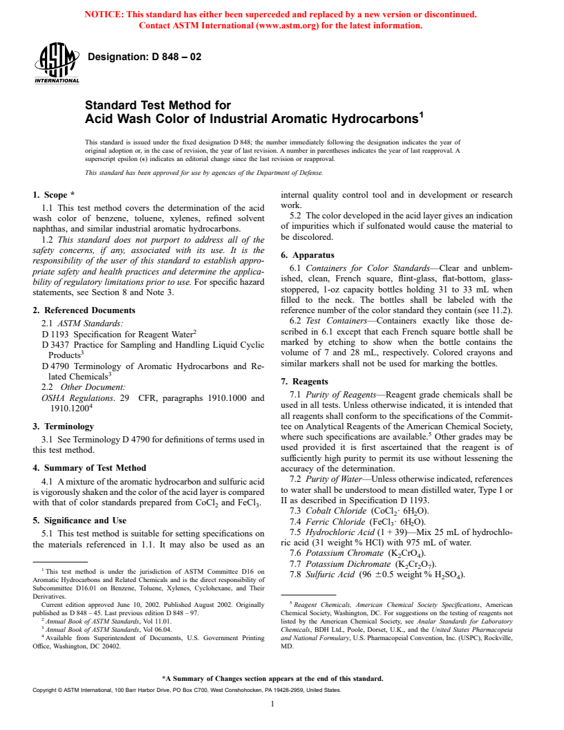 ASTM D848-02 - Standard Test Method for Acid Wash Color of Industrial Aromatic Hydrocarbons