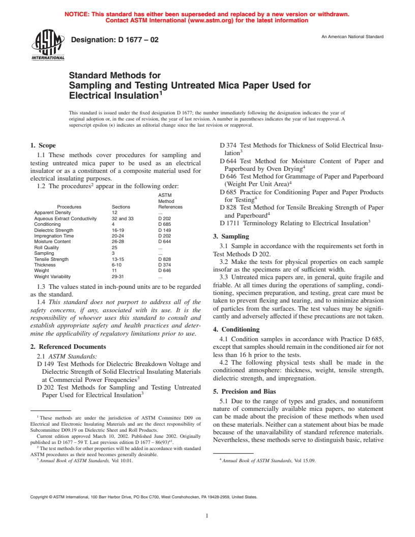 ASTM D1677-02 - Standard Methods for Sampling and Testing Untreated Mica Paper Used for Electrical Insulation