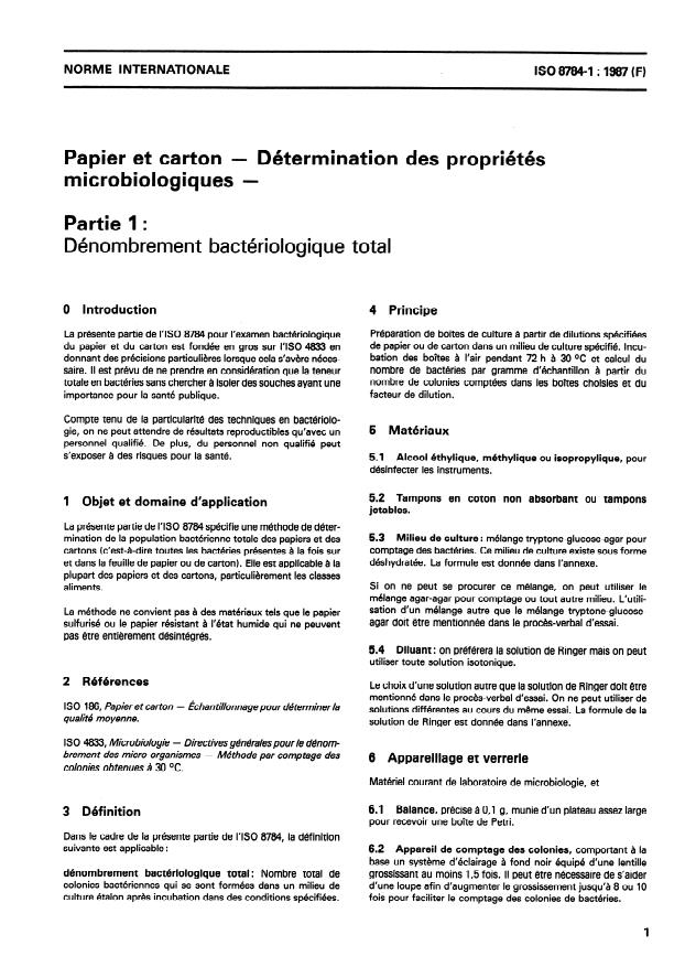 ISO 8784-1:1987 - Papier et carton -- Détermination des propriétés microbiologiques