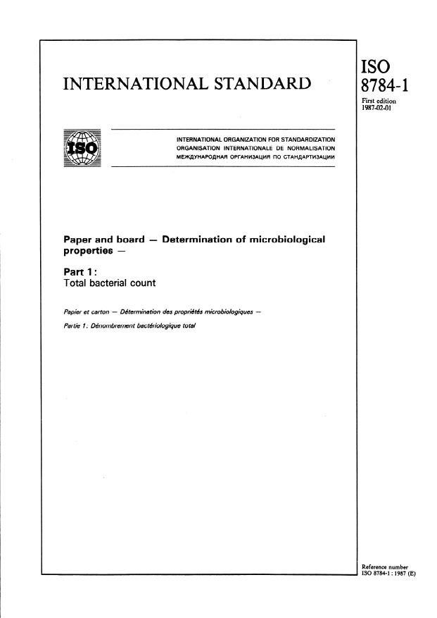 ISO 8784-1:1987 - Paper and board -- Determination of microbiological properties