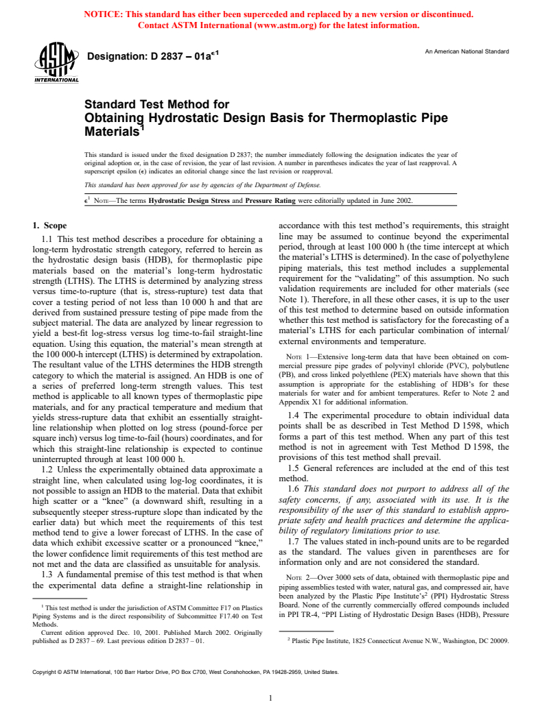 ASTM D2837-01ae1 - Standard Test Method for Obtaining Hydrostatic Design Basis for Thermoplastic Pipe Materials