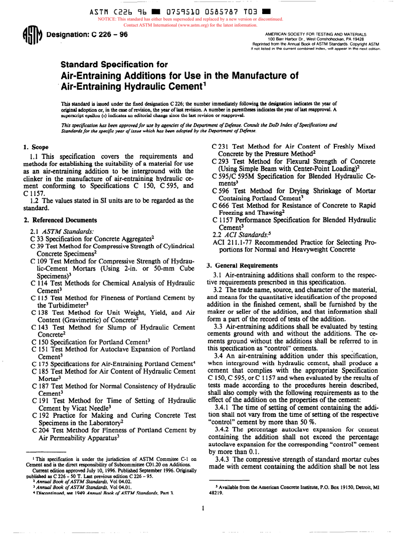 ASTM C226-96 - Standard Specification for Air-Entraining Additions for Use in the Manufacture of Air-Entraining Hydraulic Cement