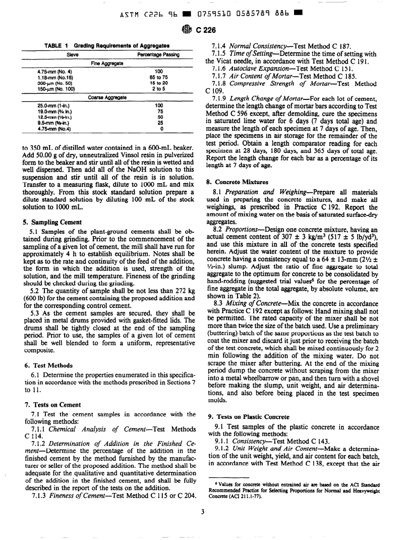 ASTM C226-96 - Standard Specification for Air-Entraining Additions for Use in the Manufacture of Air-Entraining Hydraulic Cement