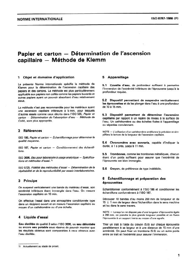 ISO 8787:1986 - Papier et carton -- Détermination de l'ascension capillaire -- Méthode de Klemm