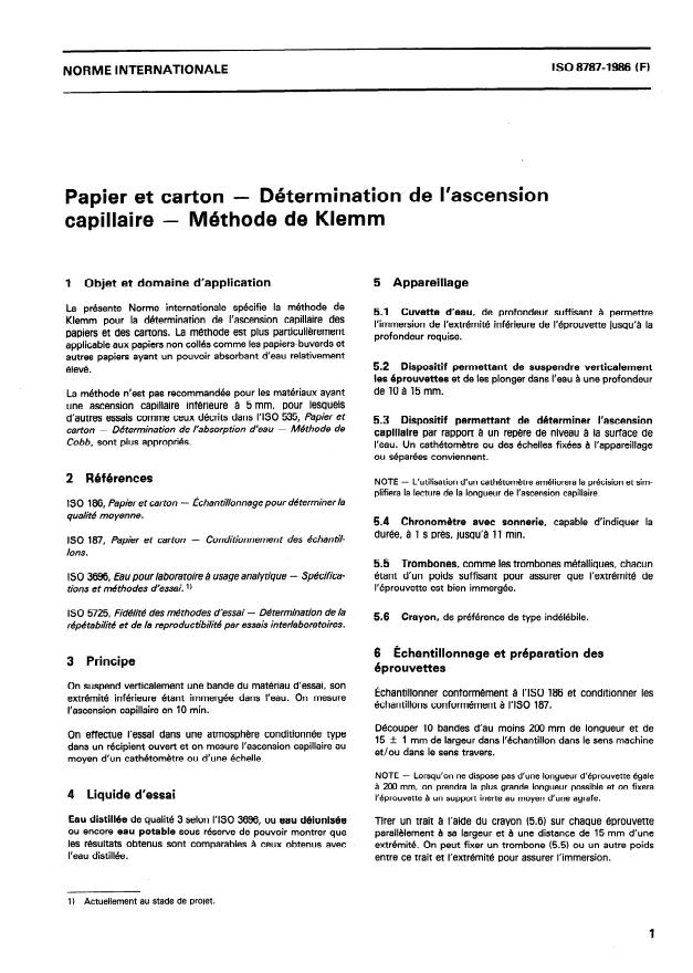 ISO 8787:1986 - Papier et carton -- Détermination de l'ascension capillaire -- Méthode de Klemm