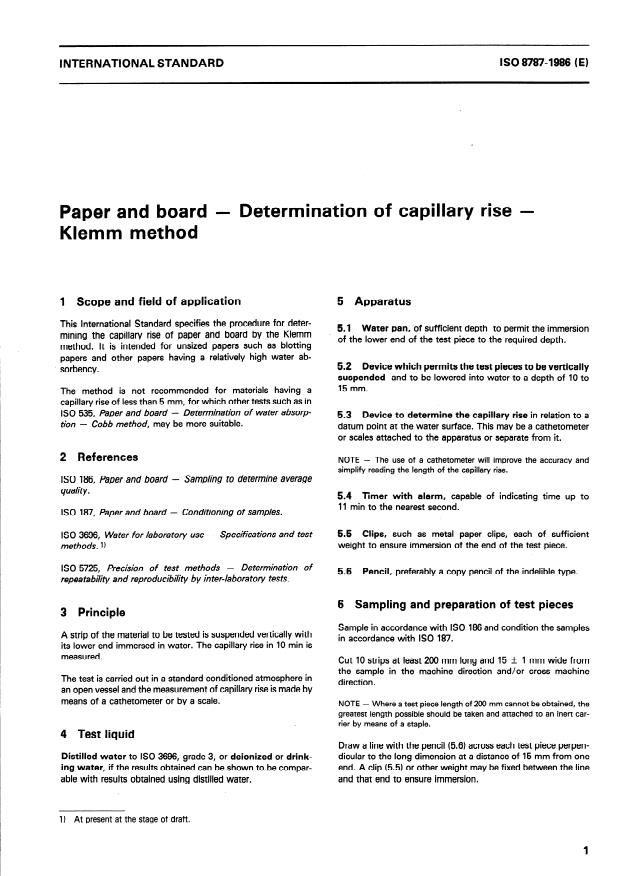 ISO 8787:1986 - Paper and board -- Determination of capillary rise -- Klemm method