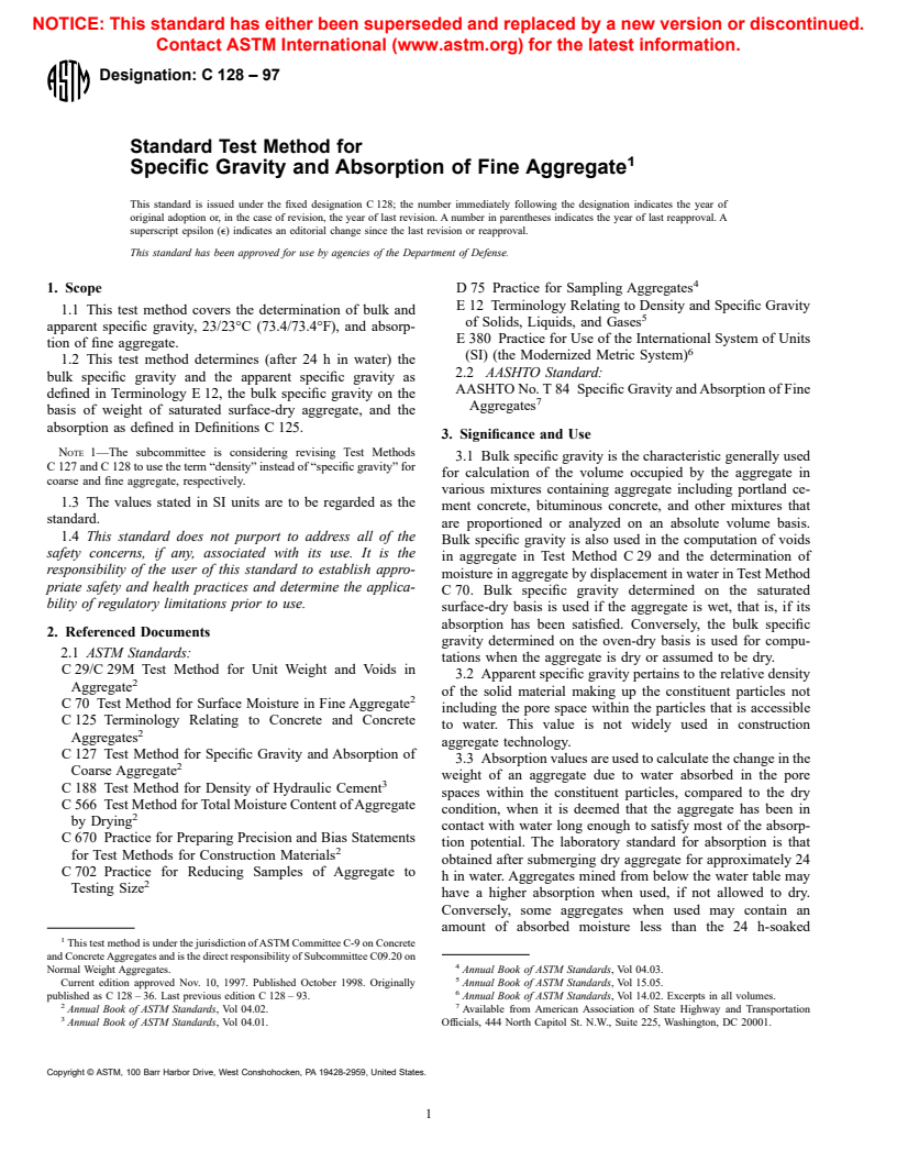 ASTM C128-97 - Standard Test Method for Density, Relative Density (Specific Gravity), and Absorption of Fine Aggregate