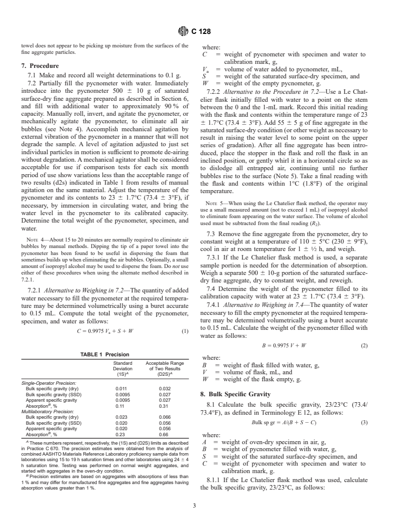 ASTM C128-97 - Standard Test Method for Density, Relative Density (Specific Gravity), and Absorption of Fine Aggregate