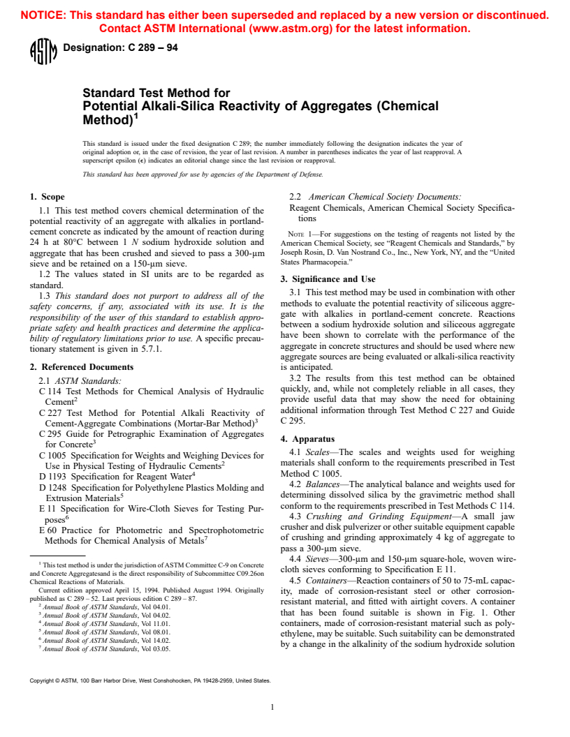 ASTM C289-94 - Standard Test Method for Potential Alkali-Silica Reactivity of Aggregates (Chemical Method)