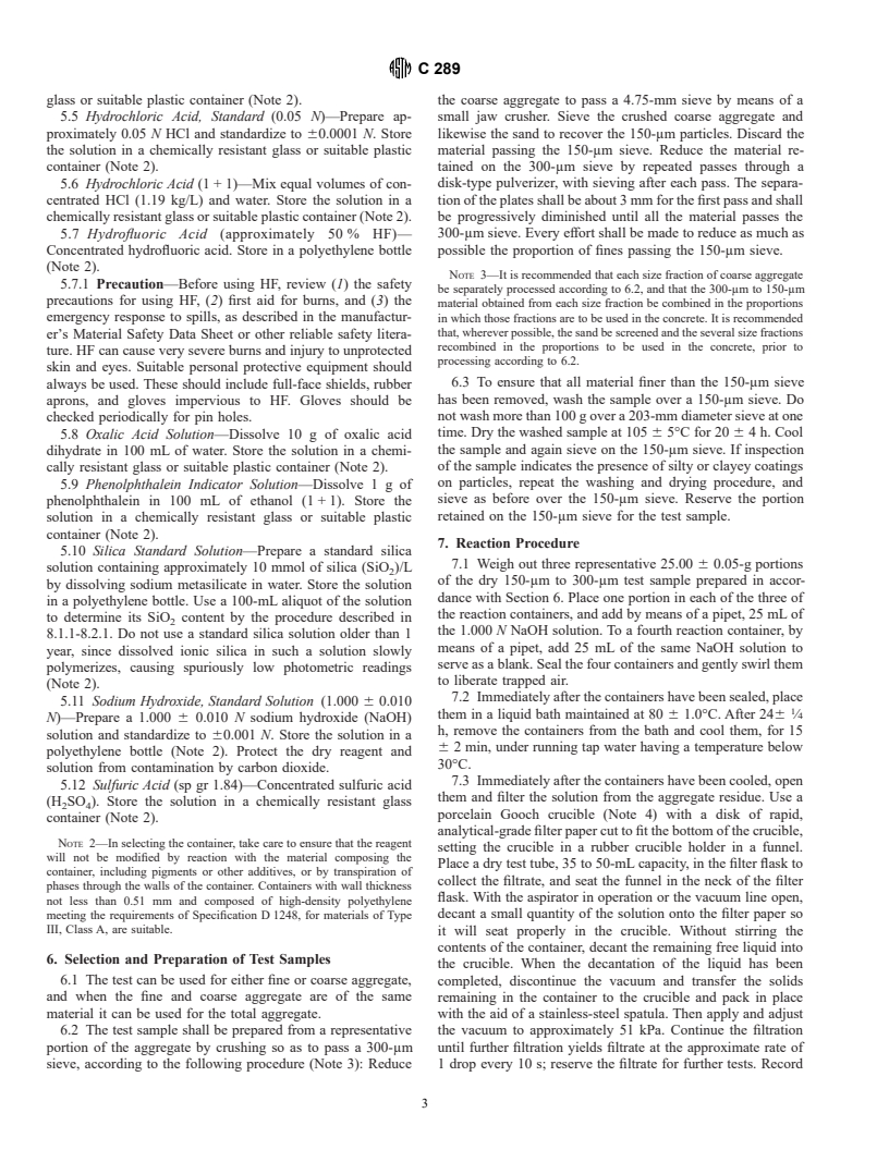 ASTM C289-94 - Standard Test Method for Potential Alkali-Silica Reactivity of Aggregates (Chemical Method)