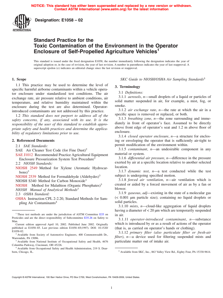 ASTM E1058-02 - Standard Test Methods for the Toxic Contamination of the Environment in the Operator Enclosure of Self-Propelled Agriculture Vehicles (Withdrawn 2010)