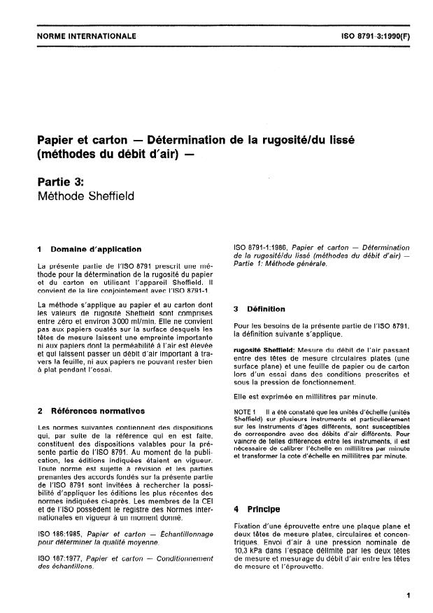 ISO 8791-3:1990 - Papier et carton -- Détermination de la rugosité/du lissé (méthodes du débit d'air)