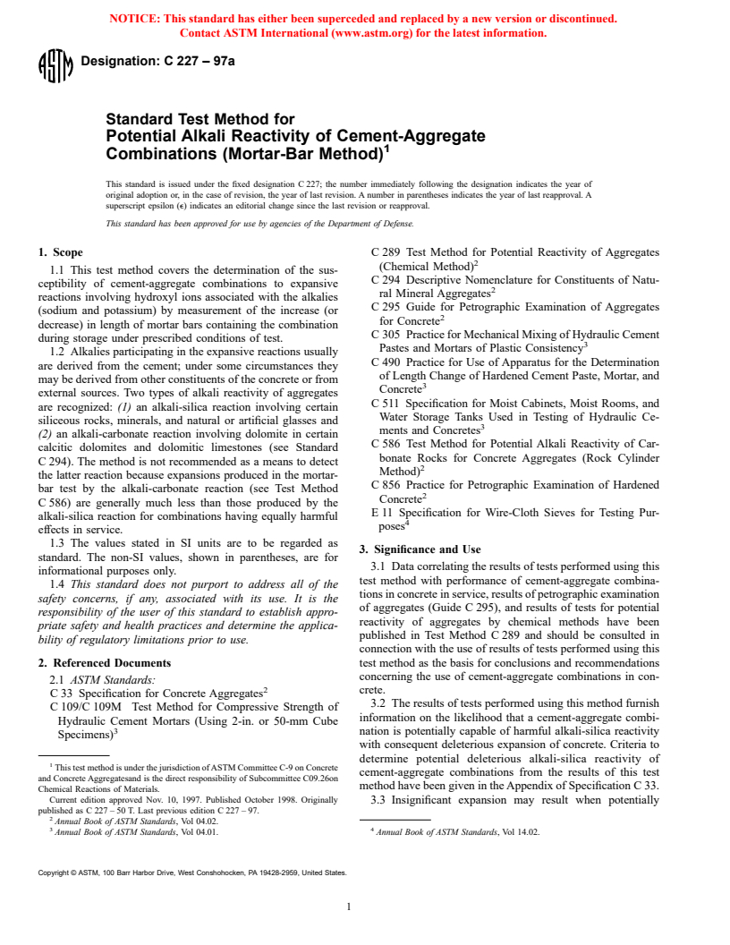 ASTM C227-97a - Standard Test Method for Potential Alkali Reactivity of Cement-Aggregate Combinations (Mortar-Bar Method)