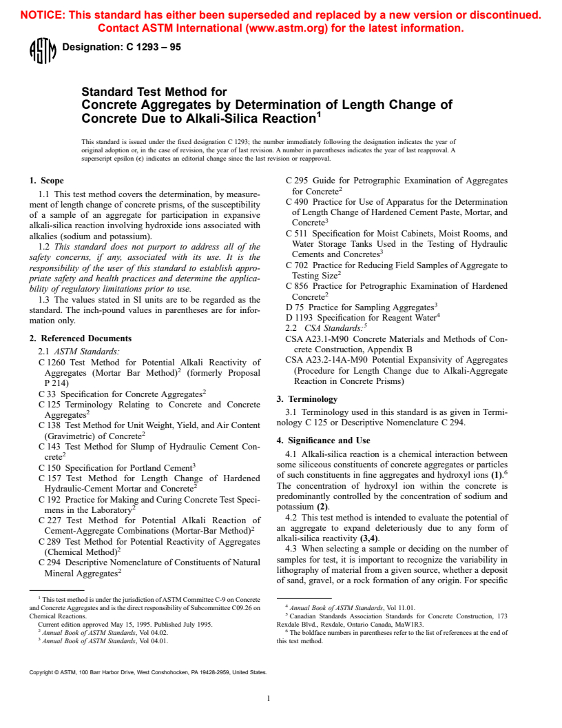 ASTM C1293-95 - Standard Test Method for Determination of Length Change of Concrete Due to Alkali-Silica Reaction