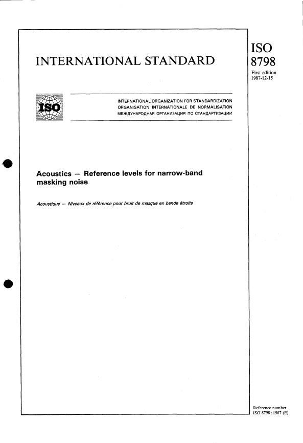 ISO 8798:1987 - Acoustics -- Reference levels for narrow-band masking noise