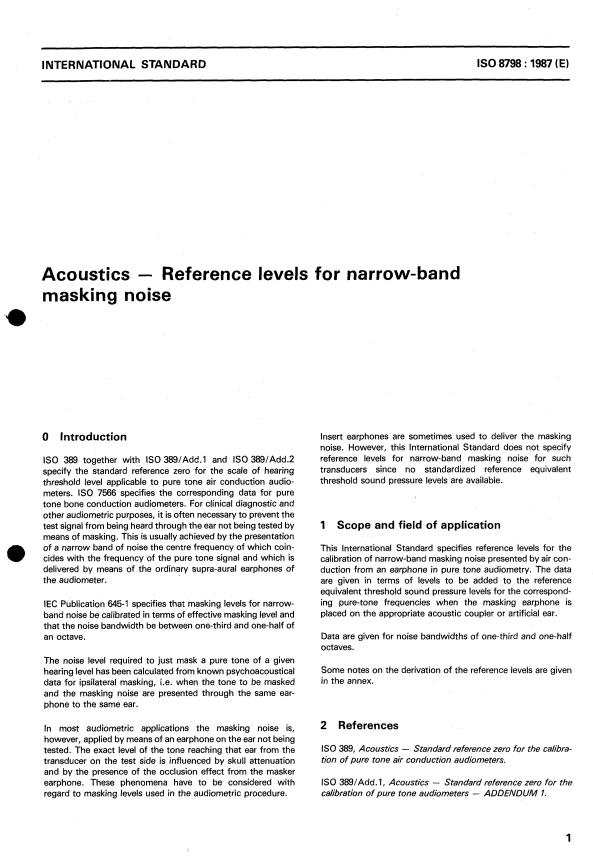 ISO 8798:1987 - Acoustics -- Reference levels for narrow-band masking noise