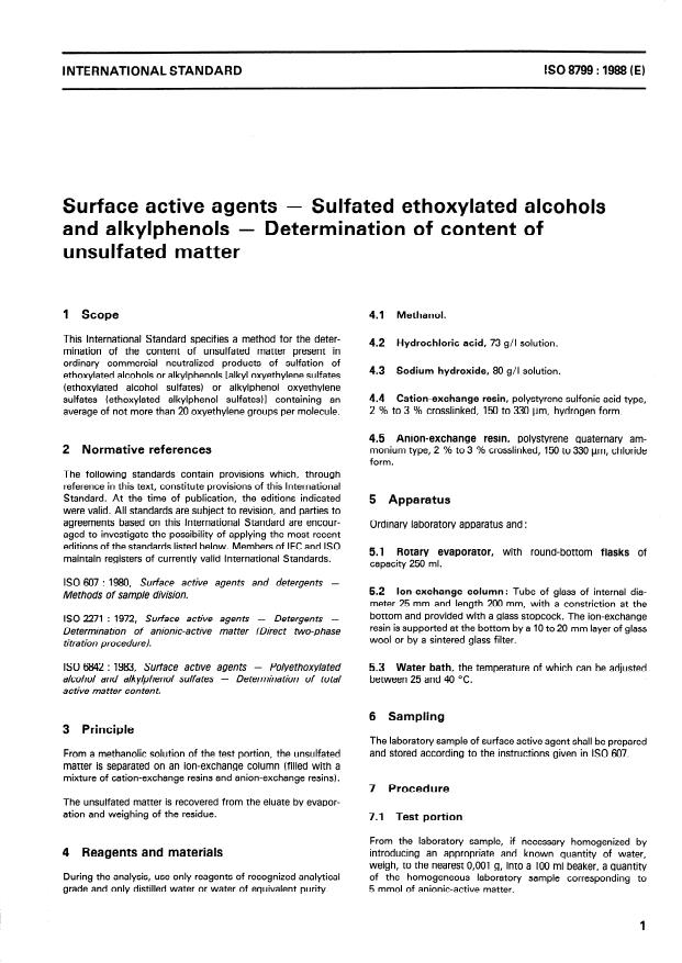 ISO 8799:1988 - Surface active agents -- Sulfated ethoxylated alcohols and alkylphenols -- Determination of content of unsulfated matter