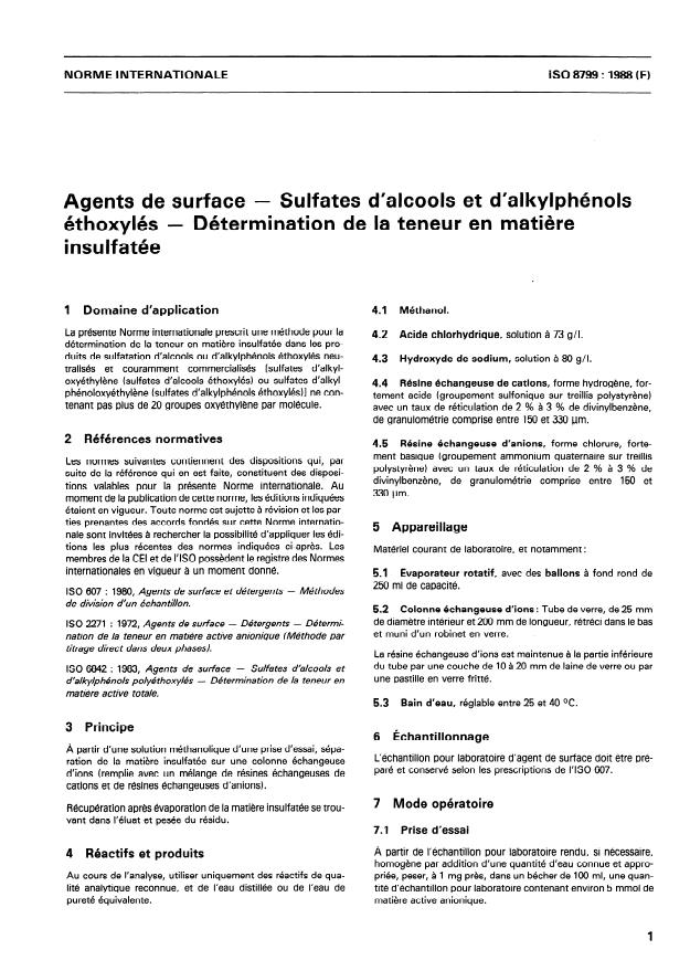 ISO 8799:1988 - Agents de surface -- Sulfates d'alcools et d'alkylphénols éthoxylés -- Détermination de la teneur en matiere insulfatée