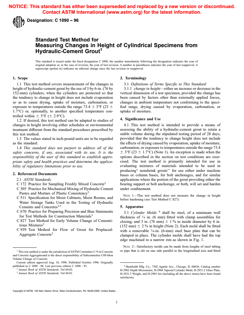 ASTM C1090-96 - Standard Test Method for Measuring Changes in Height of Cylindrical Specimens from Hydraulic-Cement Grout