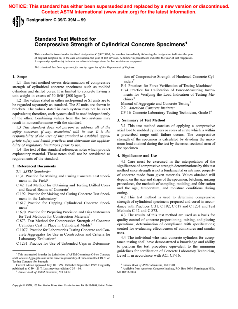 ASTM C39/C39M-99 - Standard Test Method for Compressive Strength of Cylindrical Concrete Specimens