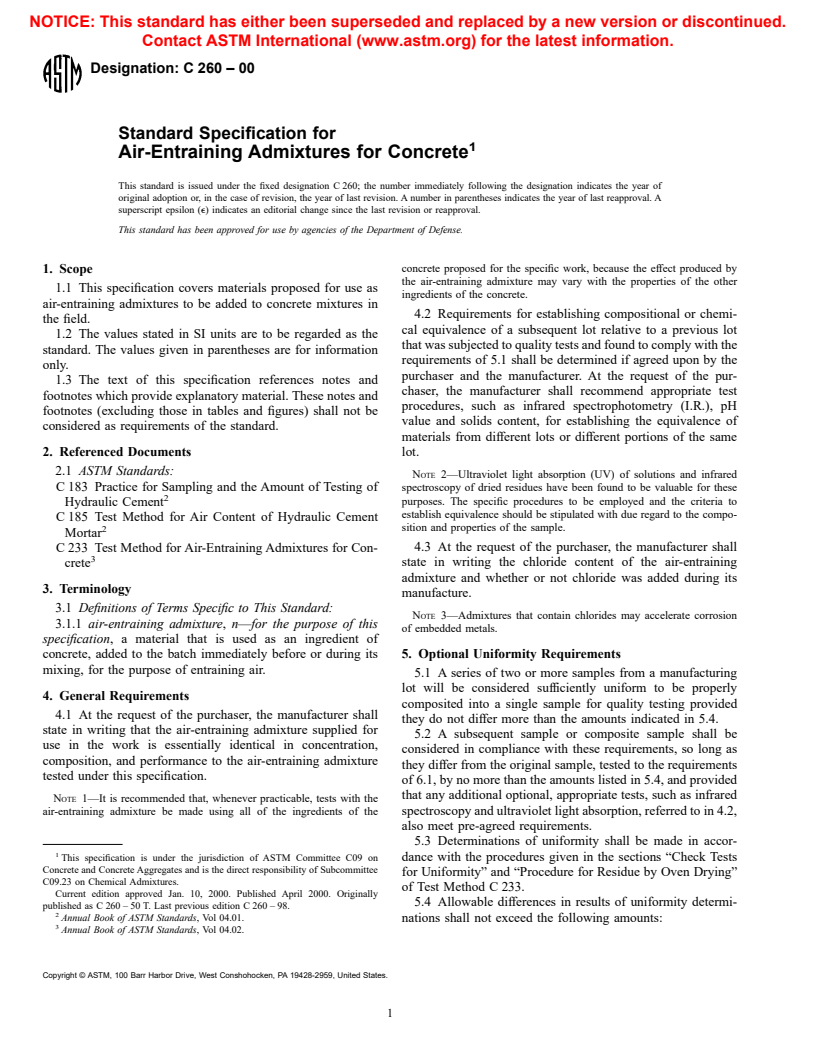 ASTM C260-00 - Standard Specification for Air-Entraining Admixtures for Concrete