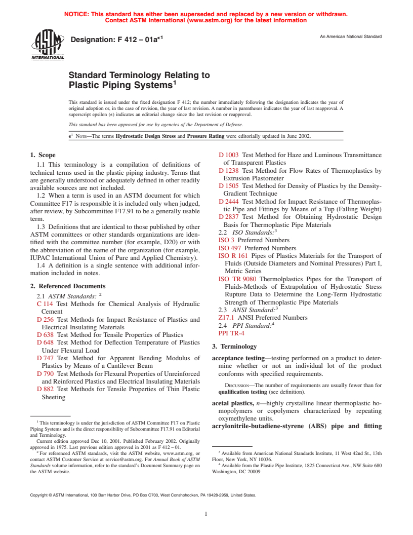 ASTM F412-01ae1 - Standard Terminology Relating to Plastic Piping Systems