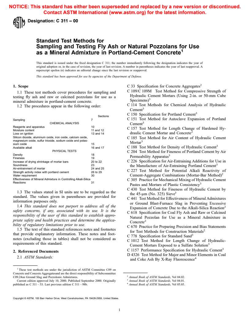 ASTM C311-00 - Standard Test Methods for Sampling and Testing Fly Ash or Natural Pozzolans for Use as a Mineral Admixture in Portland-Cement Concrete