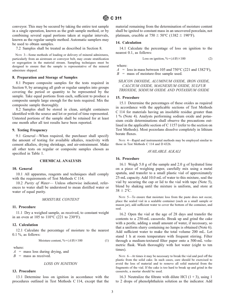 ASTM C311-00 - Standard Test Methods for Sampling and Testing Fly Ash or Natural Pozzolans for Use as a Mineral Admixture in Portland-Cement Concrete